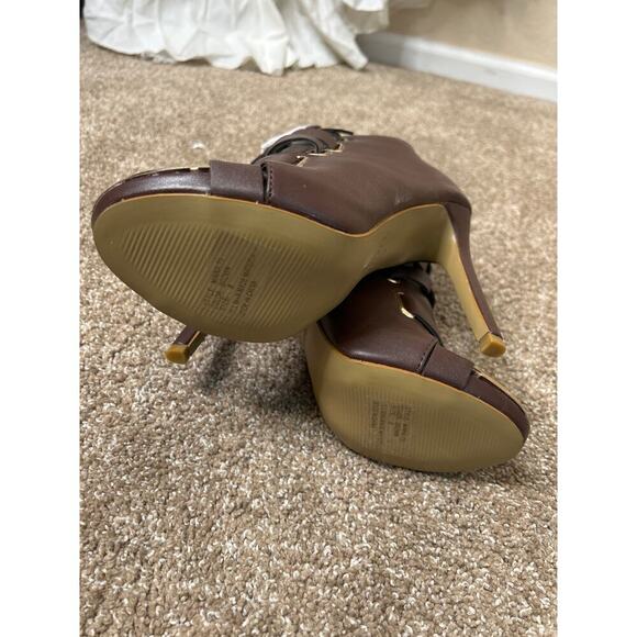 New bootie heels strappy chocolate brown open toe gold hardware Sexy SZ 8 - Picture 3 of 7
